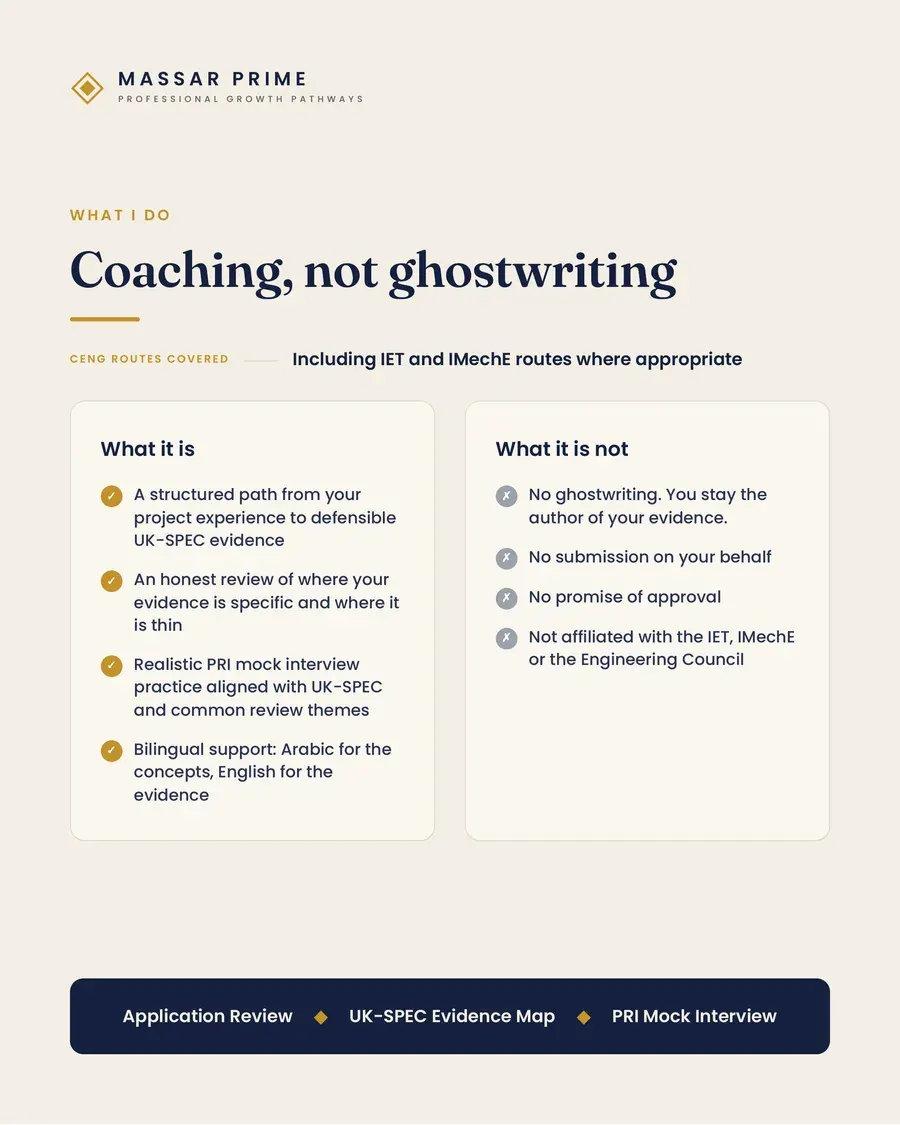 Massar Prime CEng coaching brochure, page three.